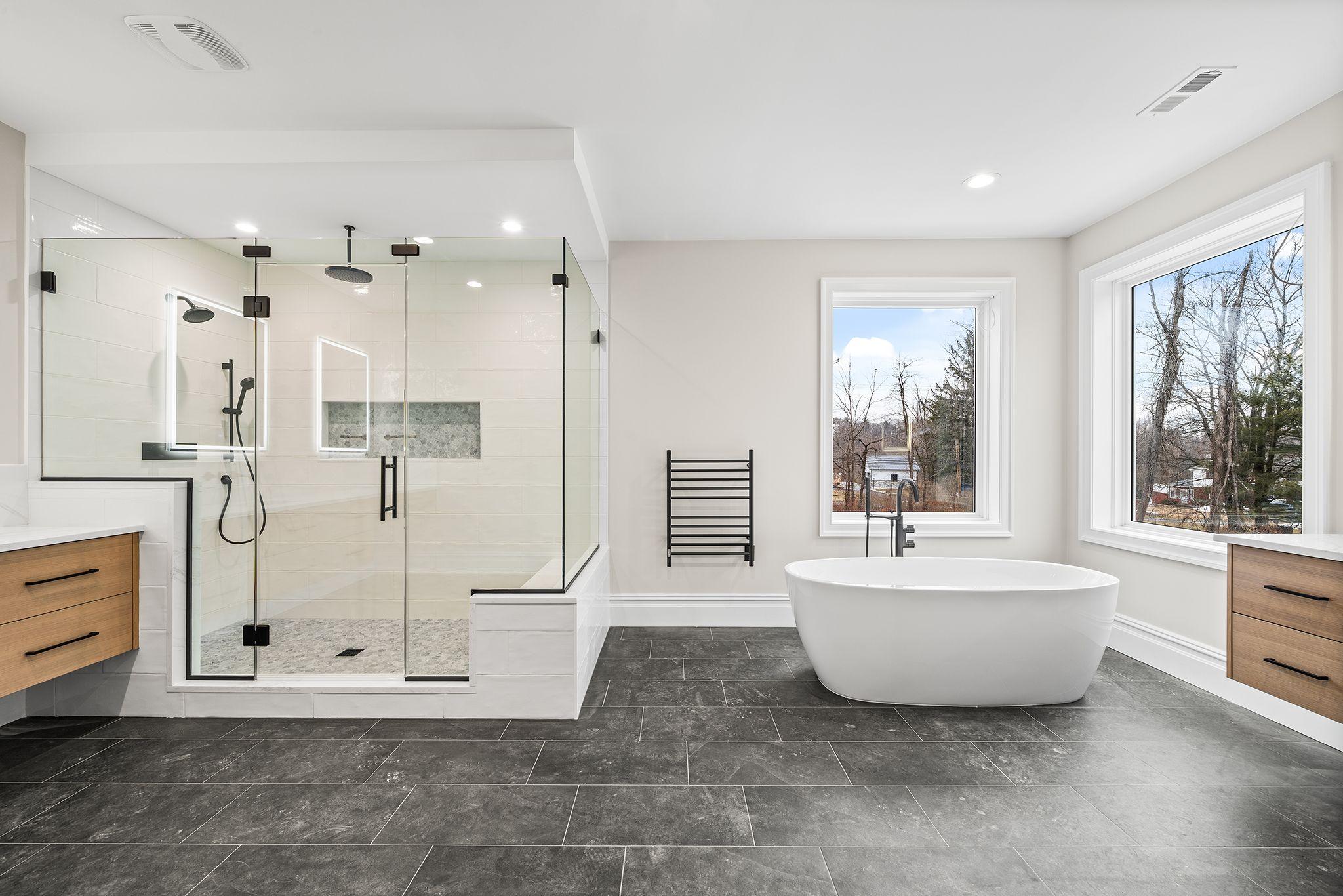 Di Renzi Brothers plumbing installation in a Richboro, PA home — Master bath with walk-in shower, soaker tub, dark floors